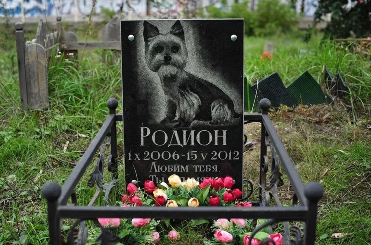 памятник с оградой собаке на могиле кладбища для животных